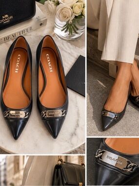 Coach Black Pointed-Toe Leather Heels with Silver Chain Accent